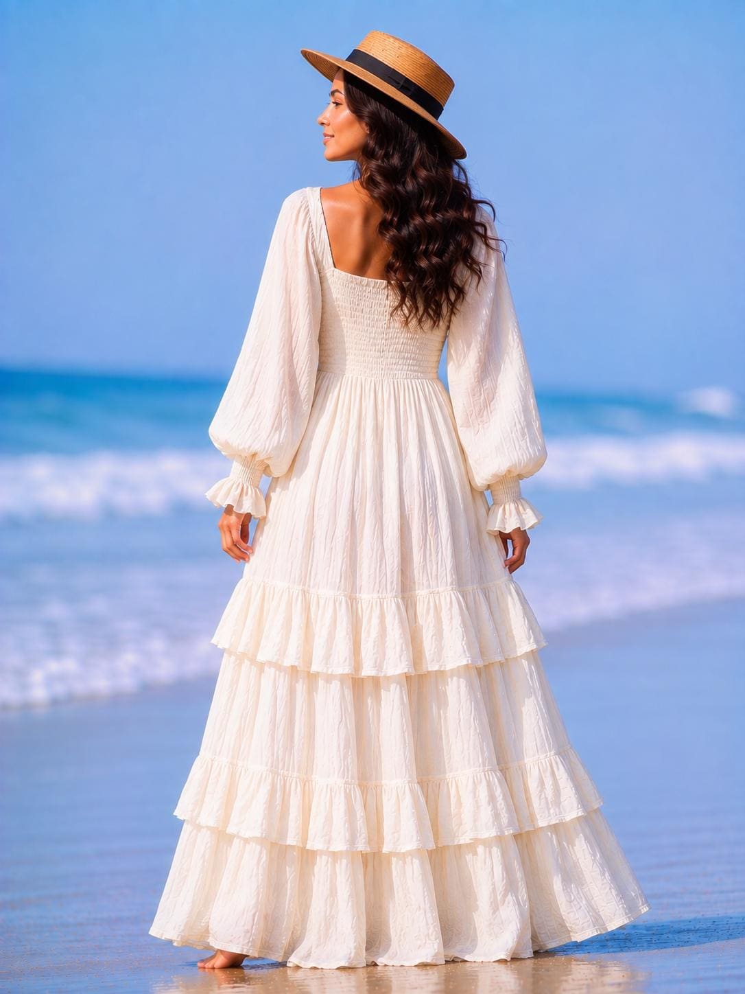 White Cotton Boho Maxi Dress, Smocked Bodice, Tiered Ruffle Skirt, Beach Wedding Style