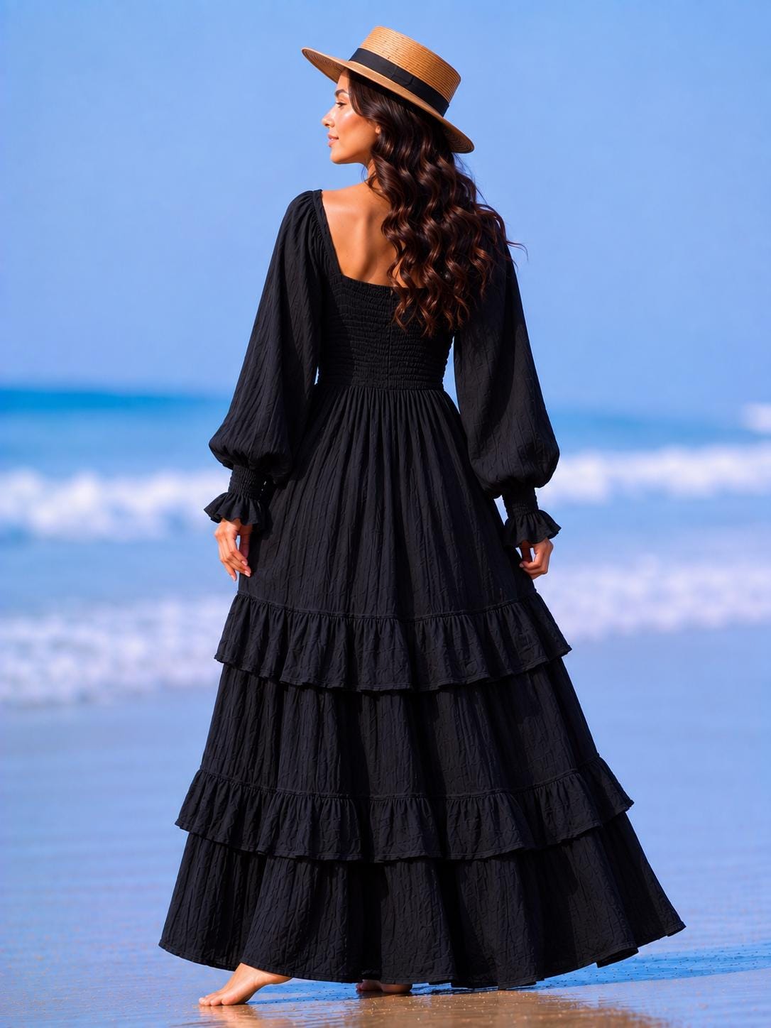 White Cotton Boho Maxi Dress, Smocked Bodice, Tiered Ruffle Skirt, Beach Wedding Style