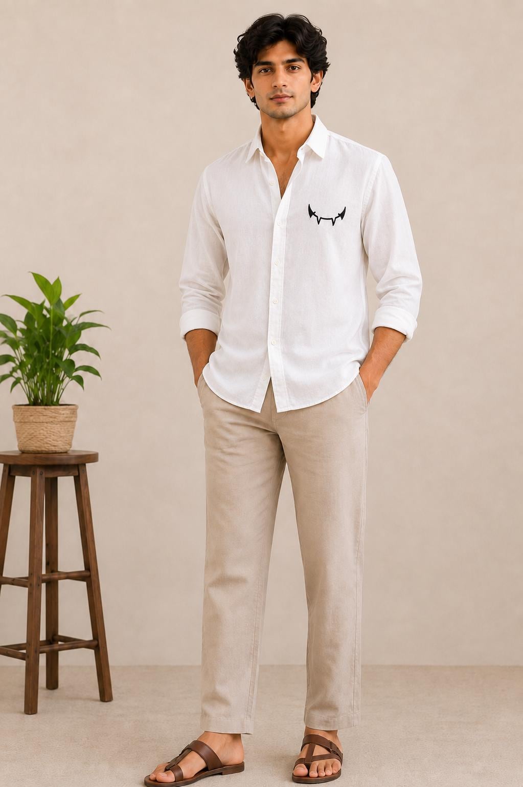Men's White Embroidered Cotton Linen Shirt, Minimalist Long Sleeve Button Up (Gift for Him)