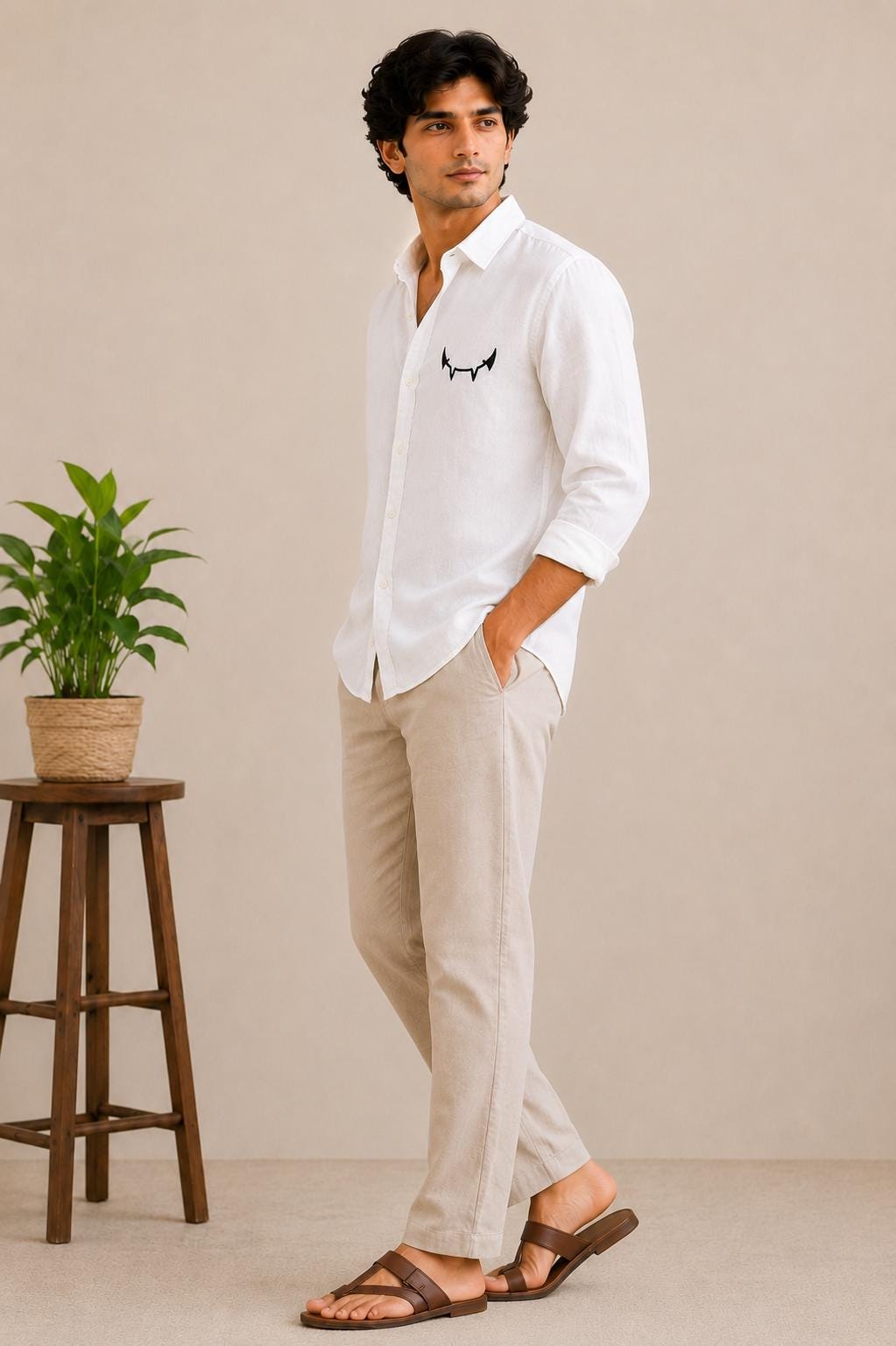 Men's White Embroidered Cotton Linen Shirt, Minimalist Long Sleeve Button Up (Gift for Him)