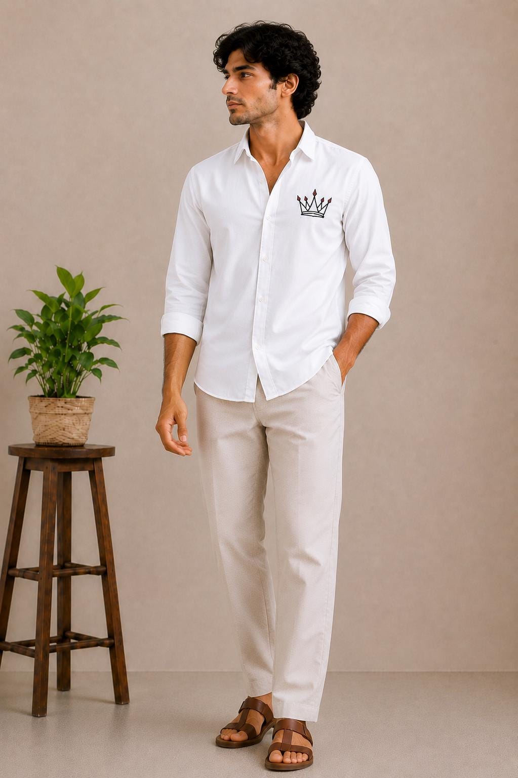 Men's White Embroidered Shirt, Crown Detail Button Up, Smart Casual Menswear