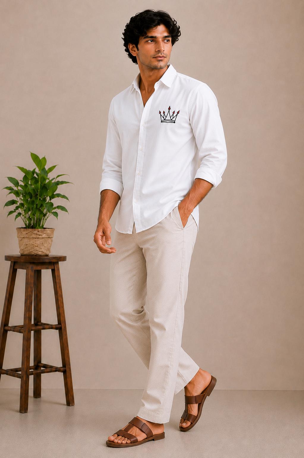 Men's White Embroidered Shirt, Crown Detail Button Up, Smart Casual Menswear