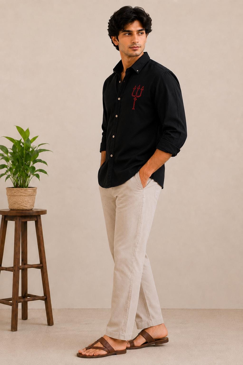 Mens Embroidered Trident Shirt, Black Cotton Button Up, Long Sleeve Casual Shirt