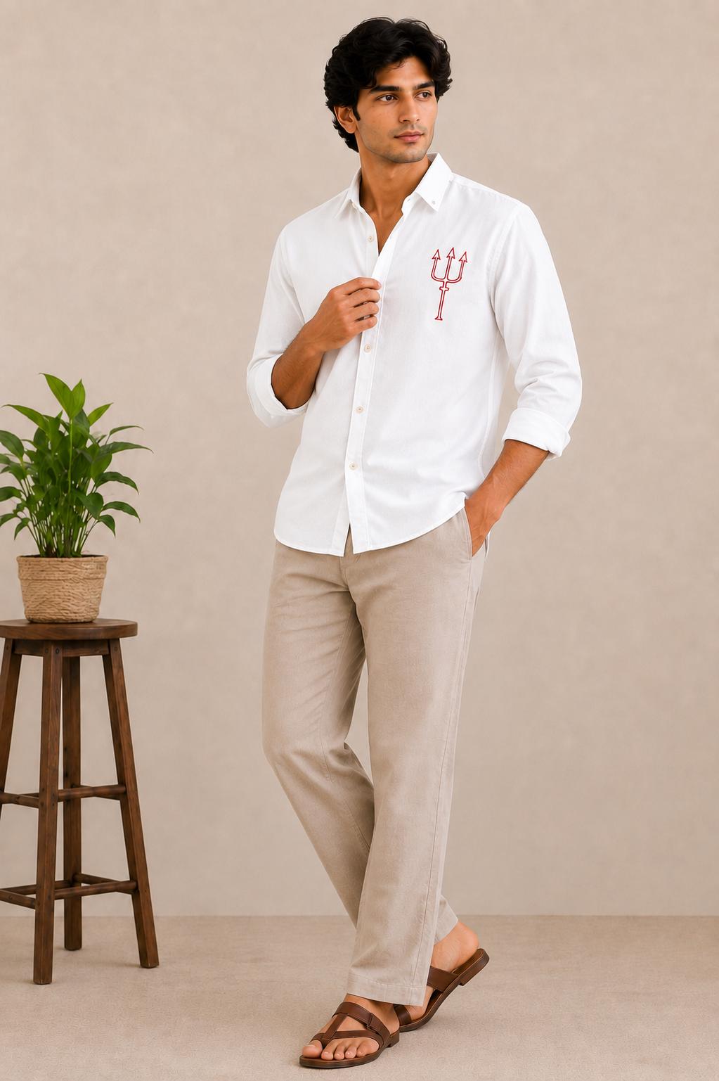 Mens Embroidered Trident Shirt, Black Cotton Button Up, Long Sleeve Casual Shirt