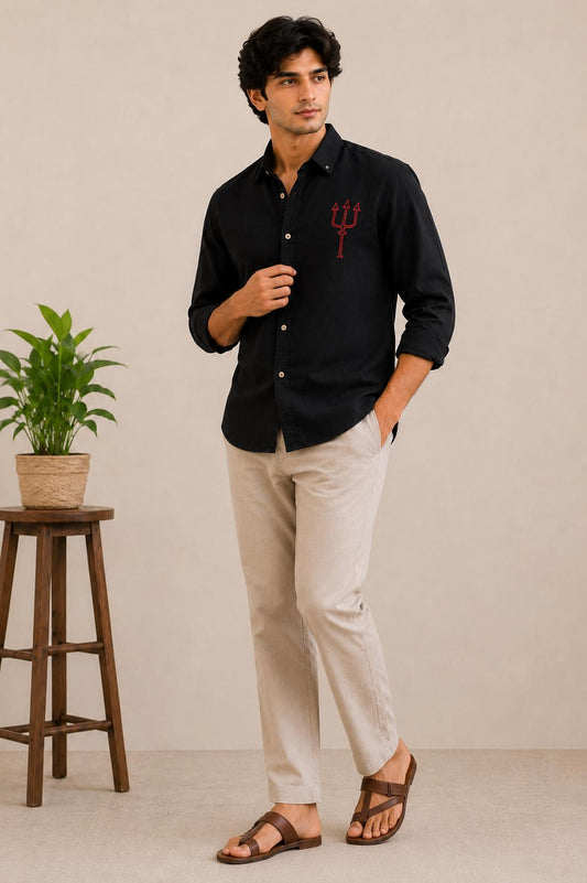 Mens Embroidered Trident Shirt, Black Cotton Button Up, Long Sleeve Casual Shirt