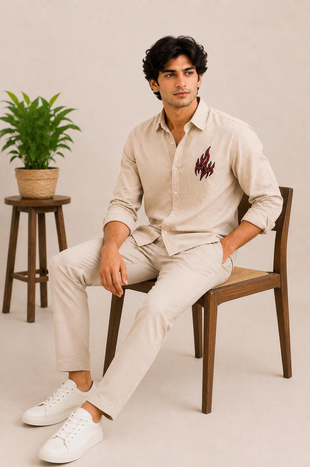 Men's Beige Embroidered Flame Shirt, Long Sleeve Casual Button Up, Modern Boho Menswear