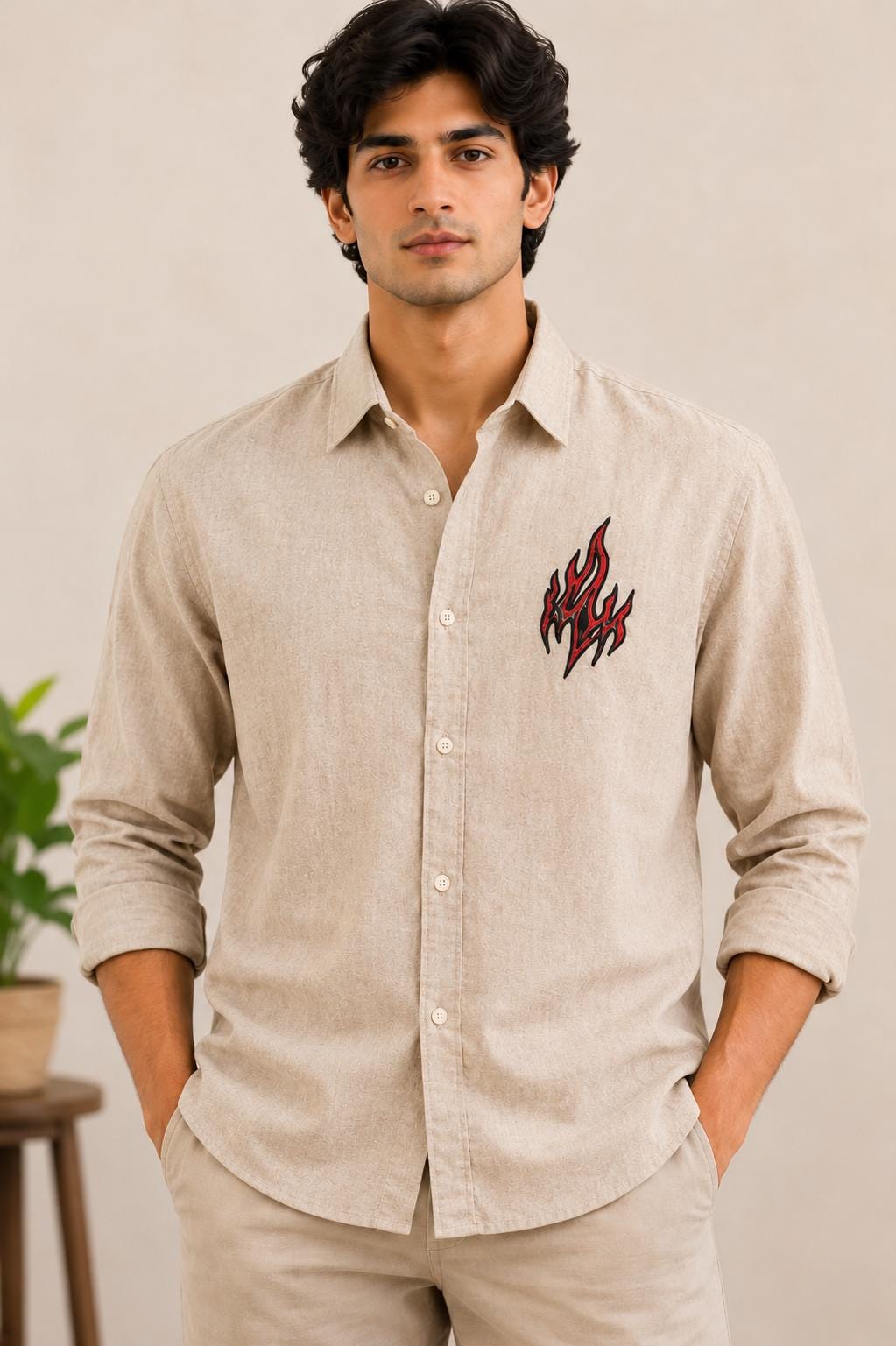 Men's Beige Embroidered Flame Shirt, Long Sleeve Casual Button Up, Modern Boho Menswear