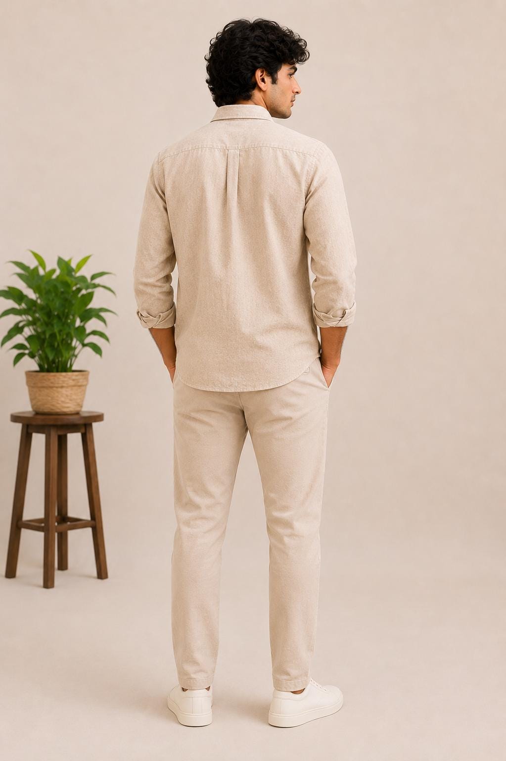 Men's Beige Embroidered Flame Shirt, Long Sleeve Casual Button Up, Modern Boho Menswear