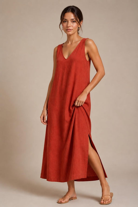 Sleeveless Linen Maxi Dress, Relaxed Boho Summer Vacation Kaftan