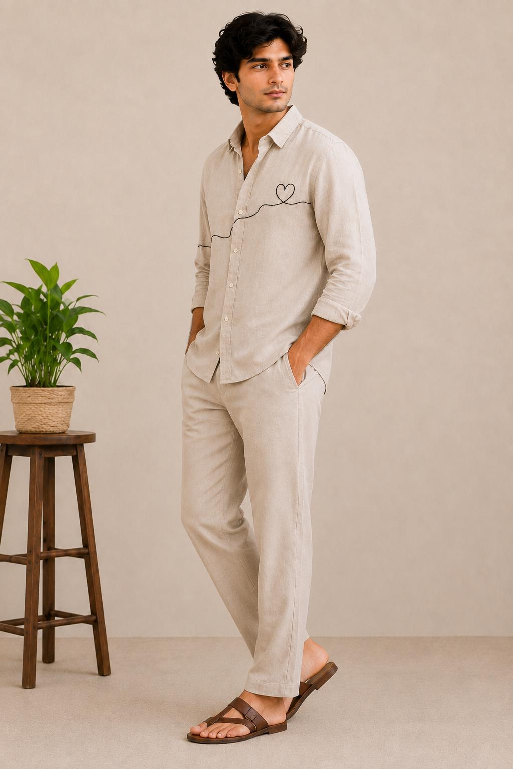 Men's Linen Blend Shirt, Minimalist Heart Embroidery, Beige Casual Summer Button Up