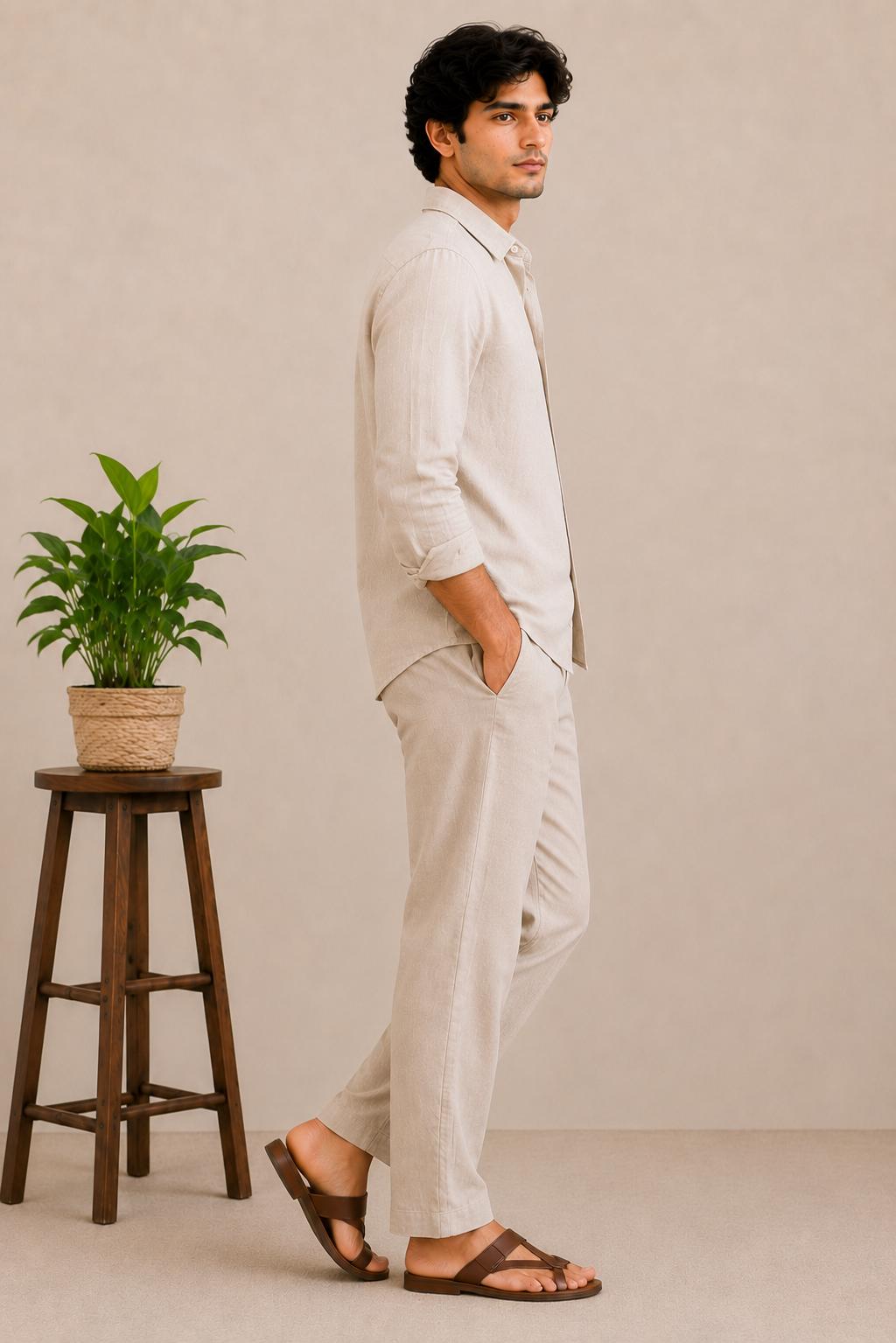 Men's Linen Blend Shirt, Minimalist Heart Embroidery, Beige Casual Summer Button Up
