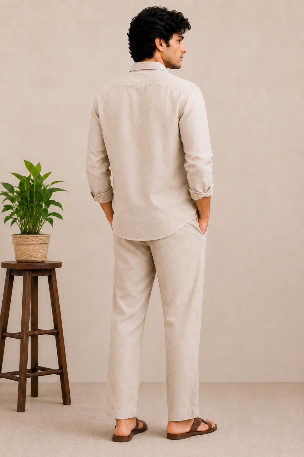 Men's Linen Blend Shirt, Minimalist Heart Embroidery, Beige Casual Summer Button Up