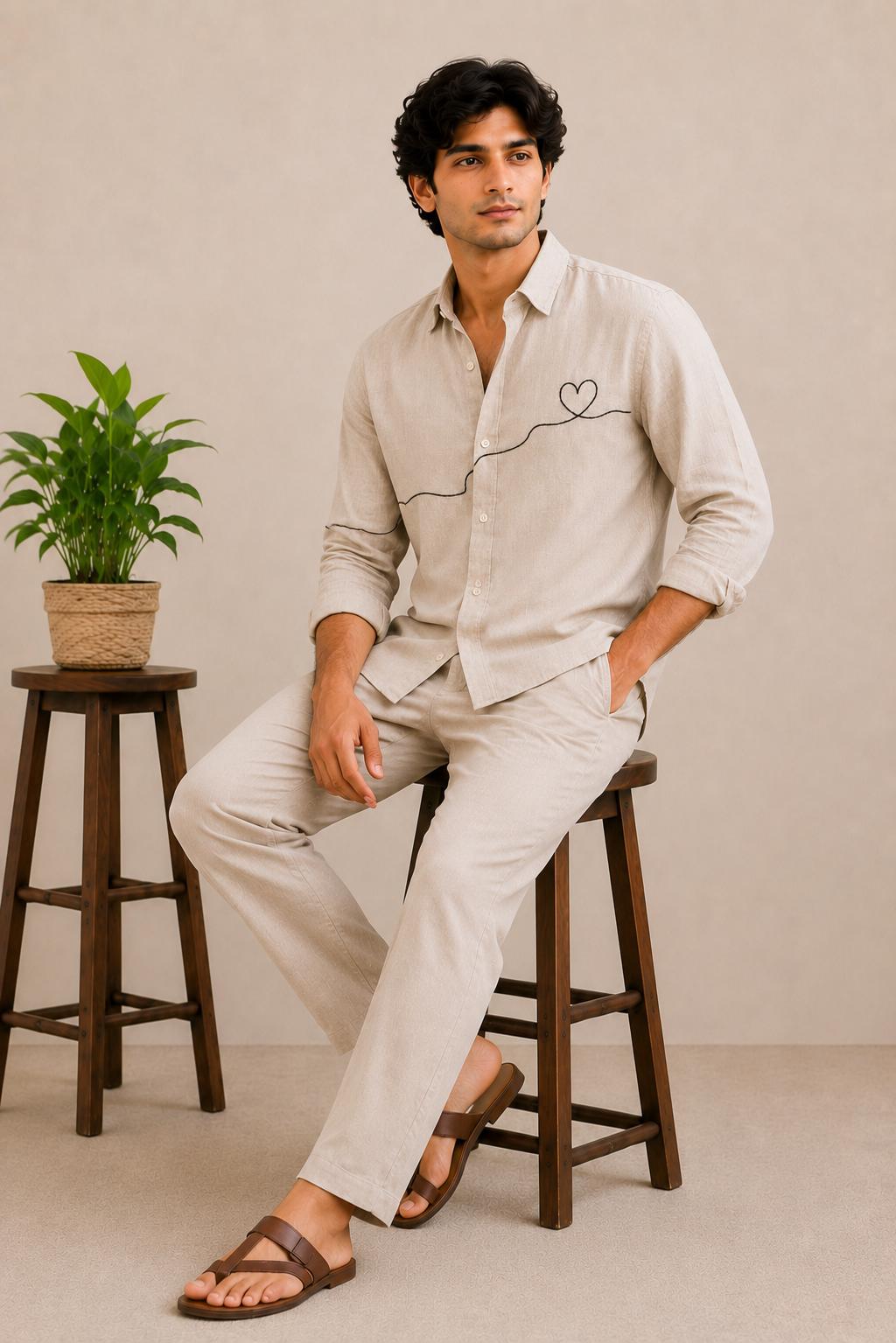 Men's Linen Blend Shirt, Minimalist Heart Embroidery, Beige Casual Summer Button Up