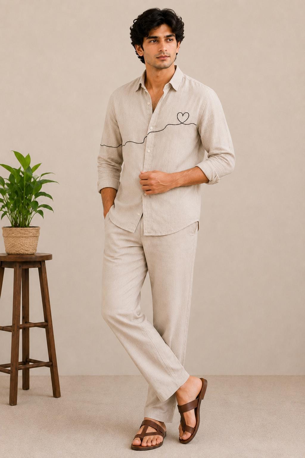 Men's Linen Blend Shirt, Minimalist Heart Embroidery, Beige Casual Summer Button Up