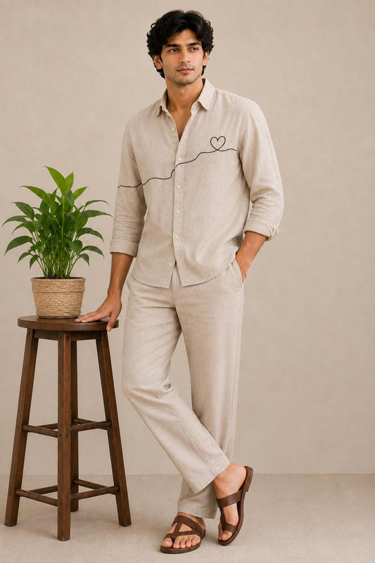 Men's Linen Blend Shirt, Minimalist Heart Embroidery, Beige Casual Summer Button Up