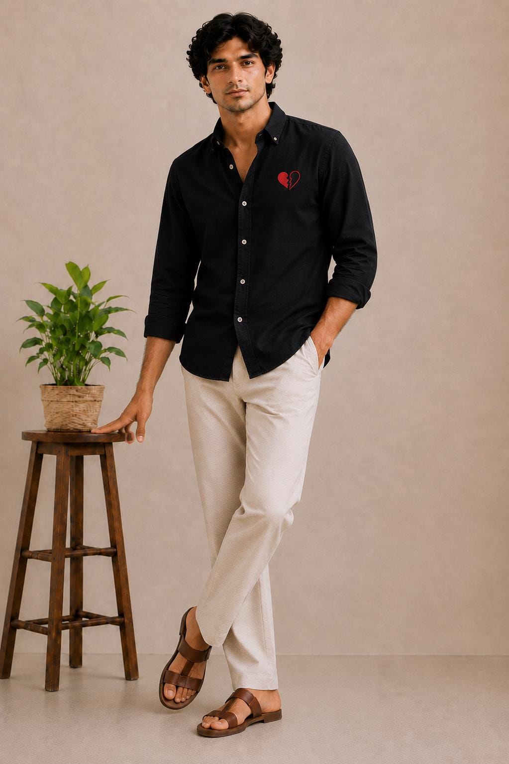 Black Men's Shirt with Red Broken Heart Embroidery, Long Sleeve Button Down Shirt