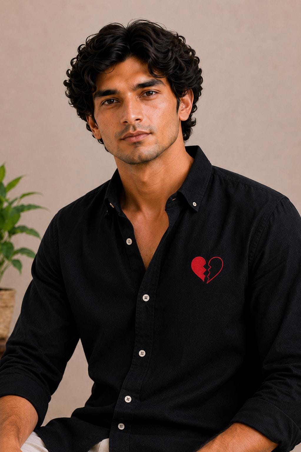Black Men's Shirt with Red Broken Heart Embroidery, Long Sleeve Button Down Shirt