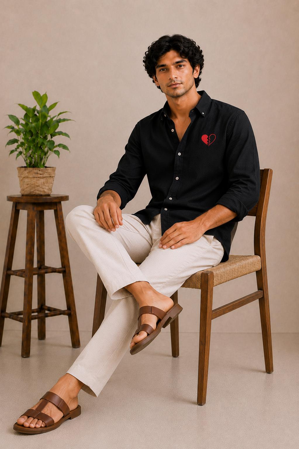 Black Men's Shirt with Red Broken Heart Embroidery, Long Sleeve Button Down Shirt