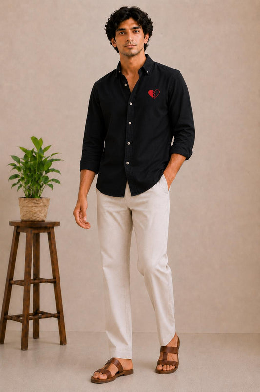 Black Men's Shirt with Red Broken Heart Embroidery, Long Sleeve Button Down Shirt