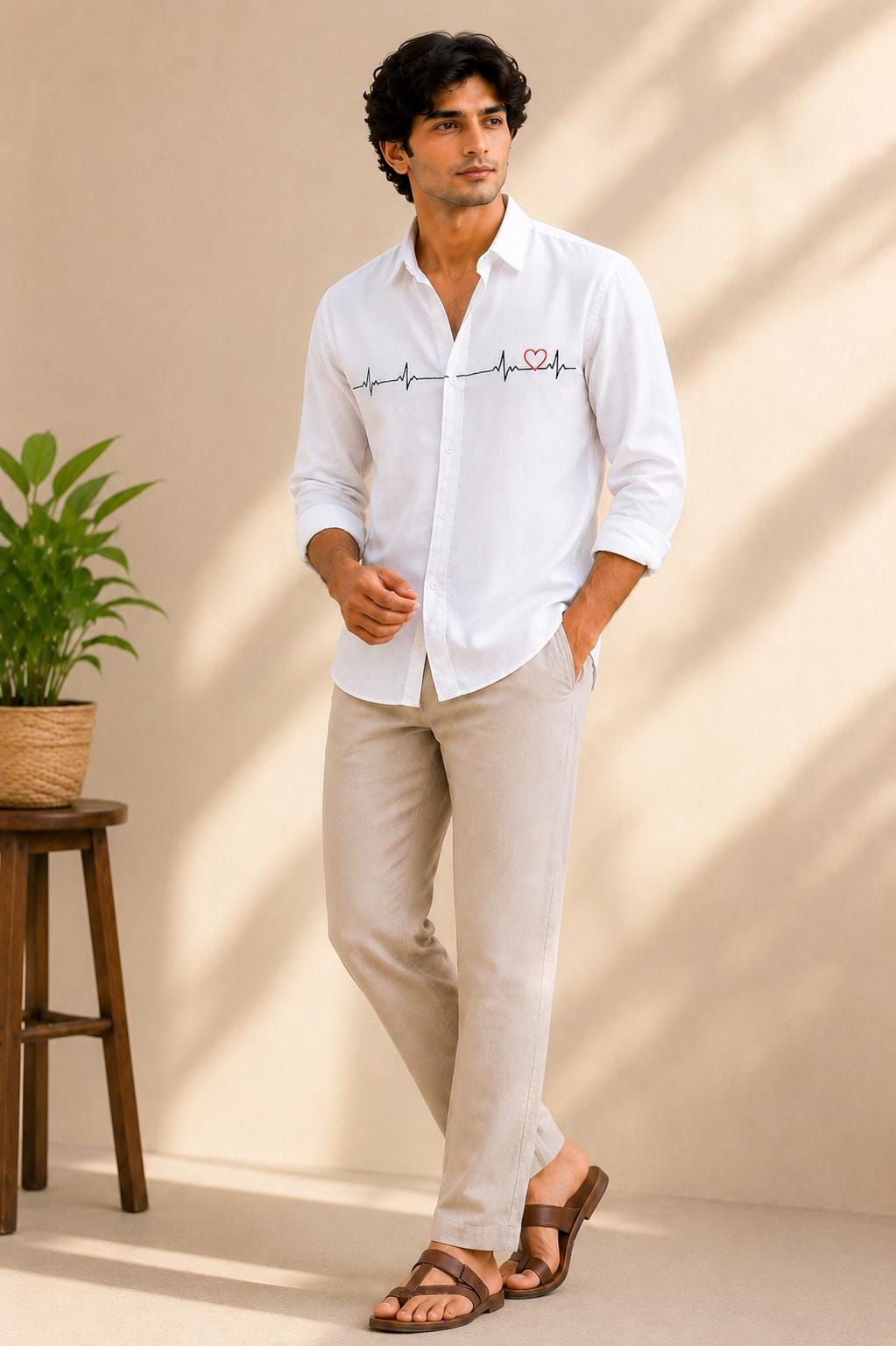 Men's White Button-Up Shirt, Minimalist Heartbeat Embroidery, Long Sleeve Casual Summer Style