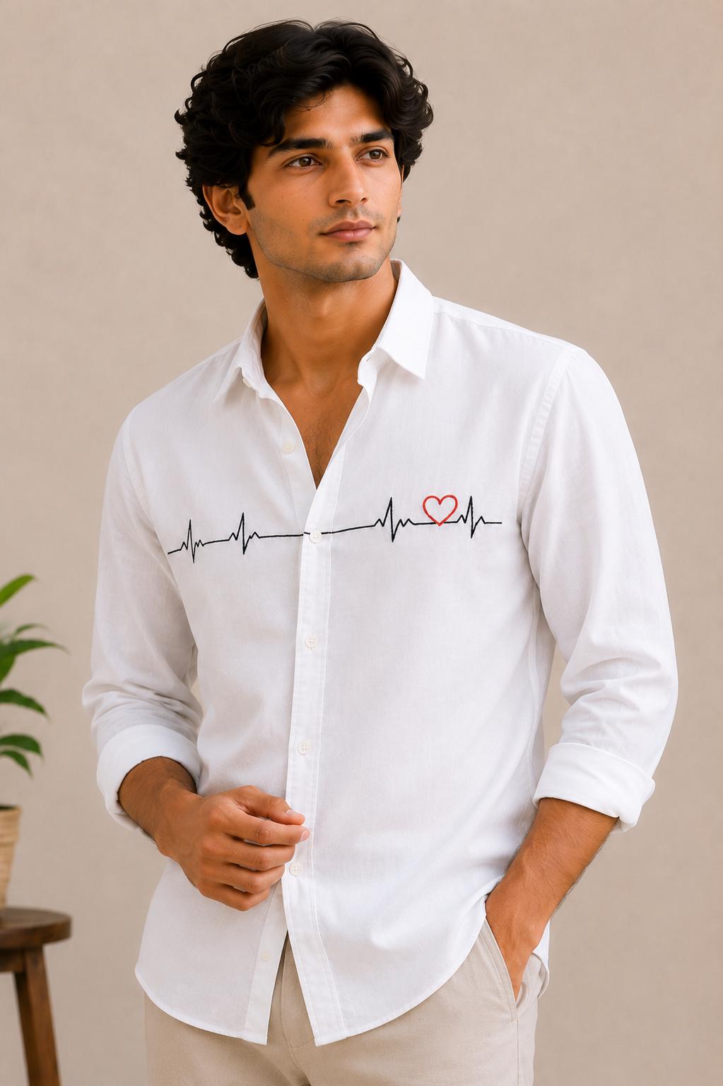 Men's White Button-Up Shirt, Minimalist Heartbeat Embroidery, Long Sleeve Casual Summer Style