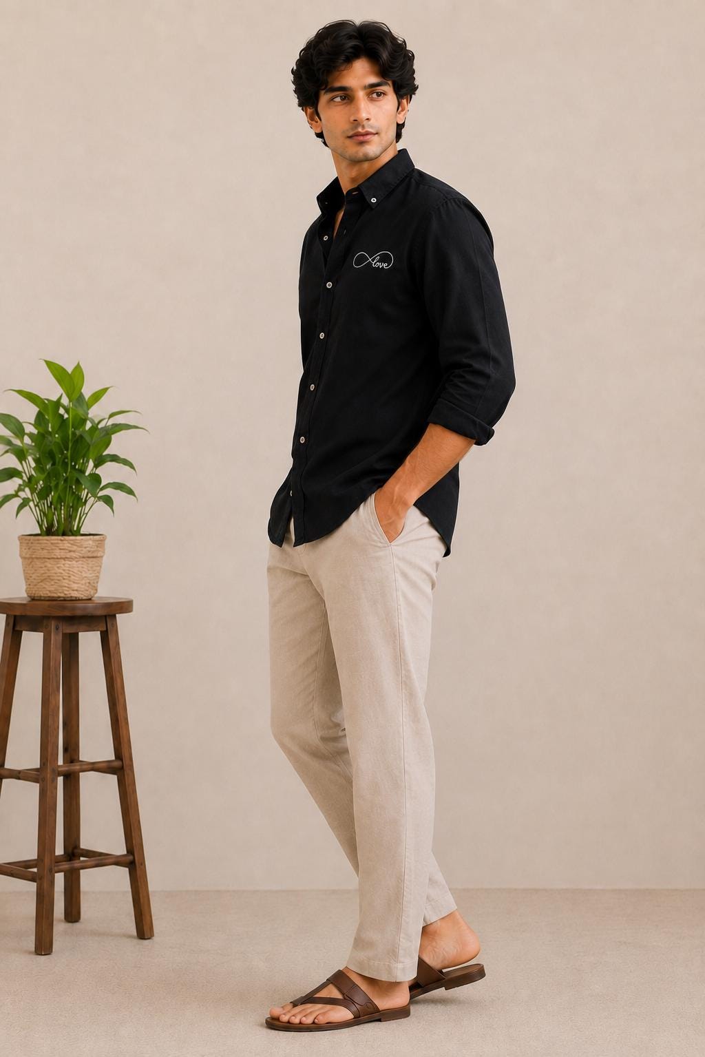 Men's Black Embroidered Shirt, Button Down Long Sleeve, Minimalist Love Detail