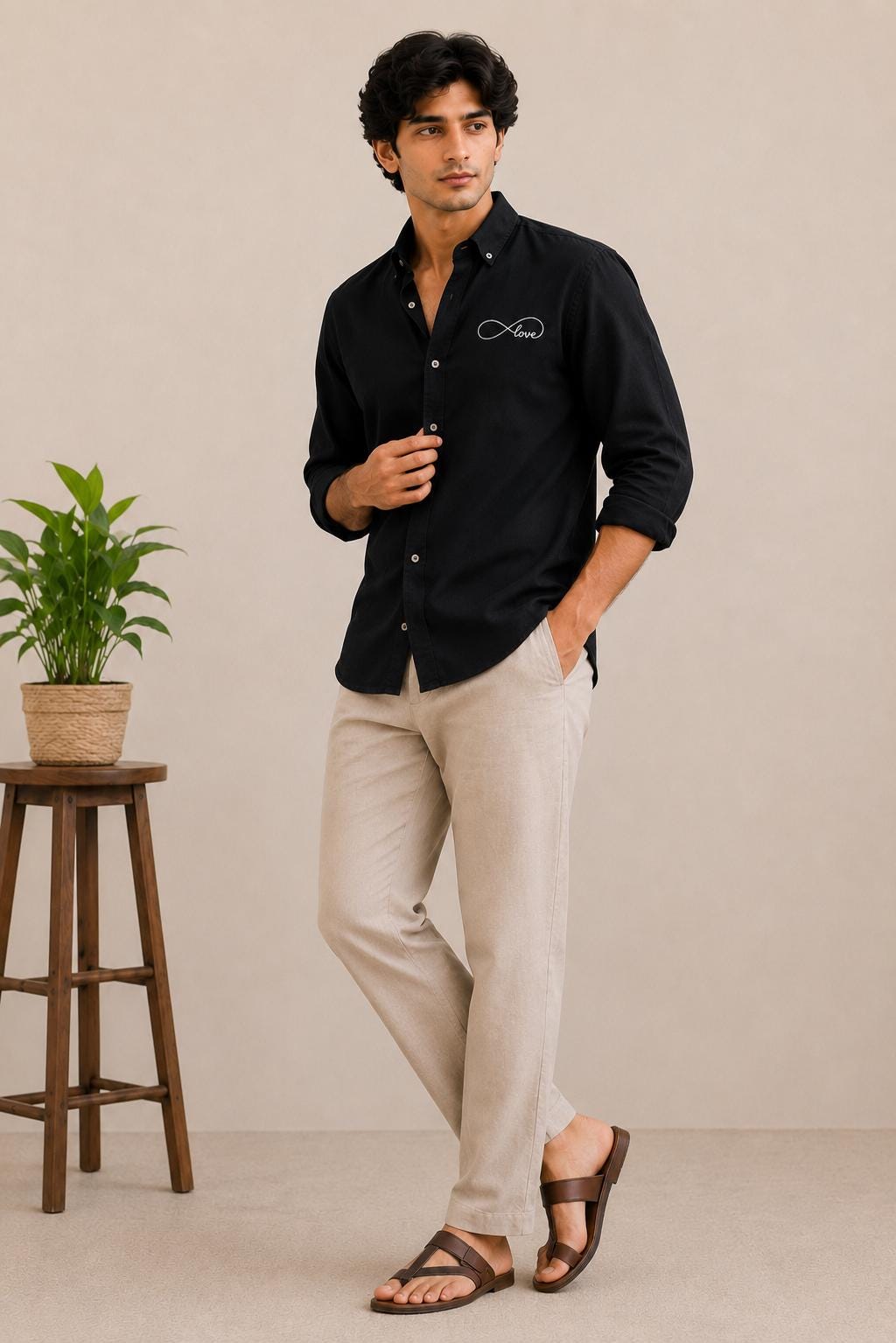 Men's Black Embroidered Shirt, Button Down Long Sleeve, Minimalist Love Detail
