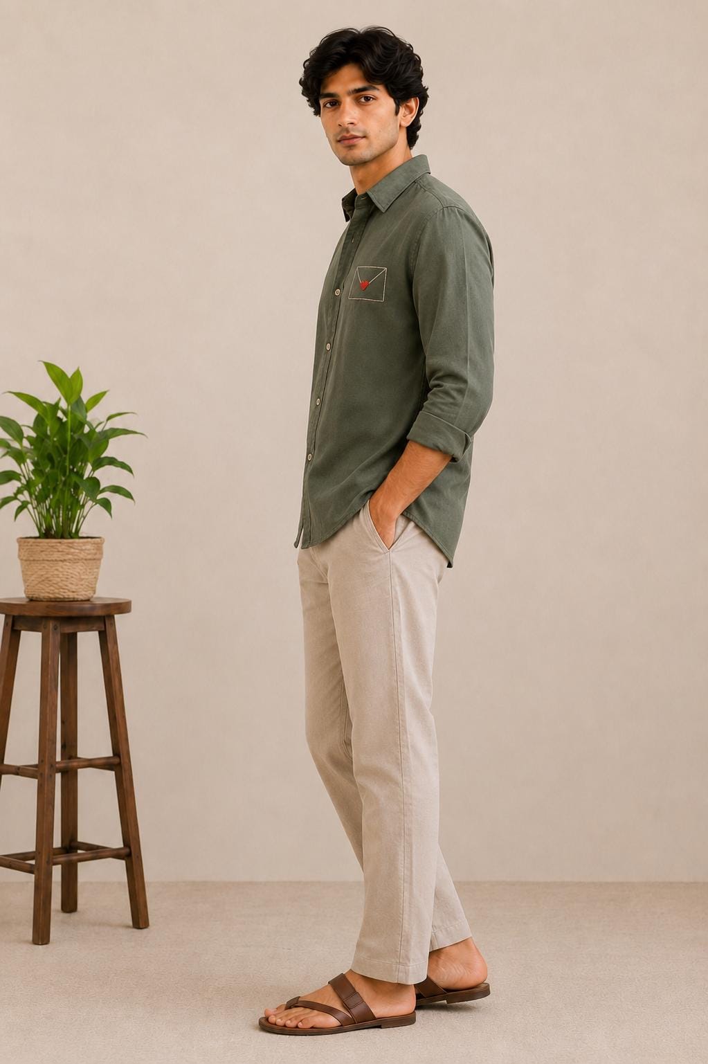 Men's Olive Green Envelope Heart Embroidered Shirt, Minimalist Long Sleeve Button Up