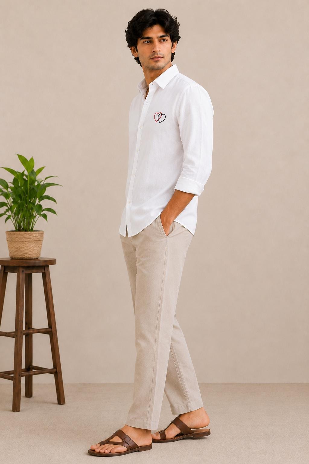 Men's White Embroidered Shirt, Minimal Heart Linen Button Up