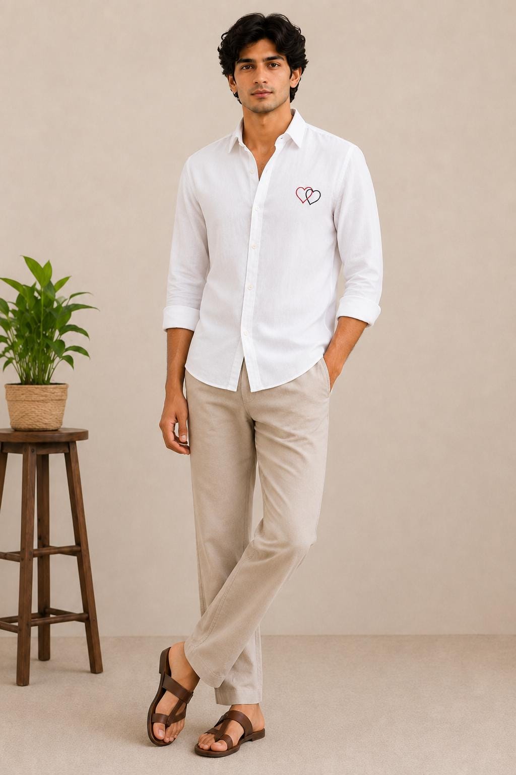 Men's White Embroidered Shirt, Minimal Heart Linen Button Up
