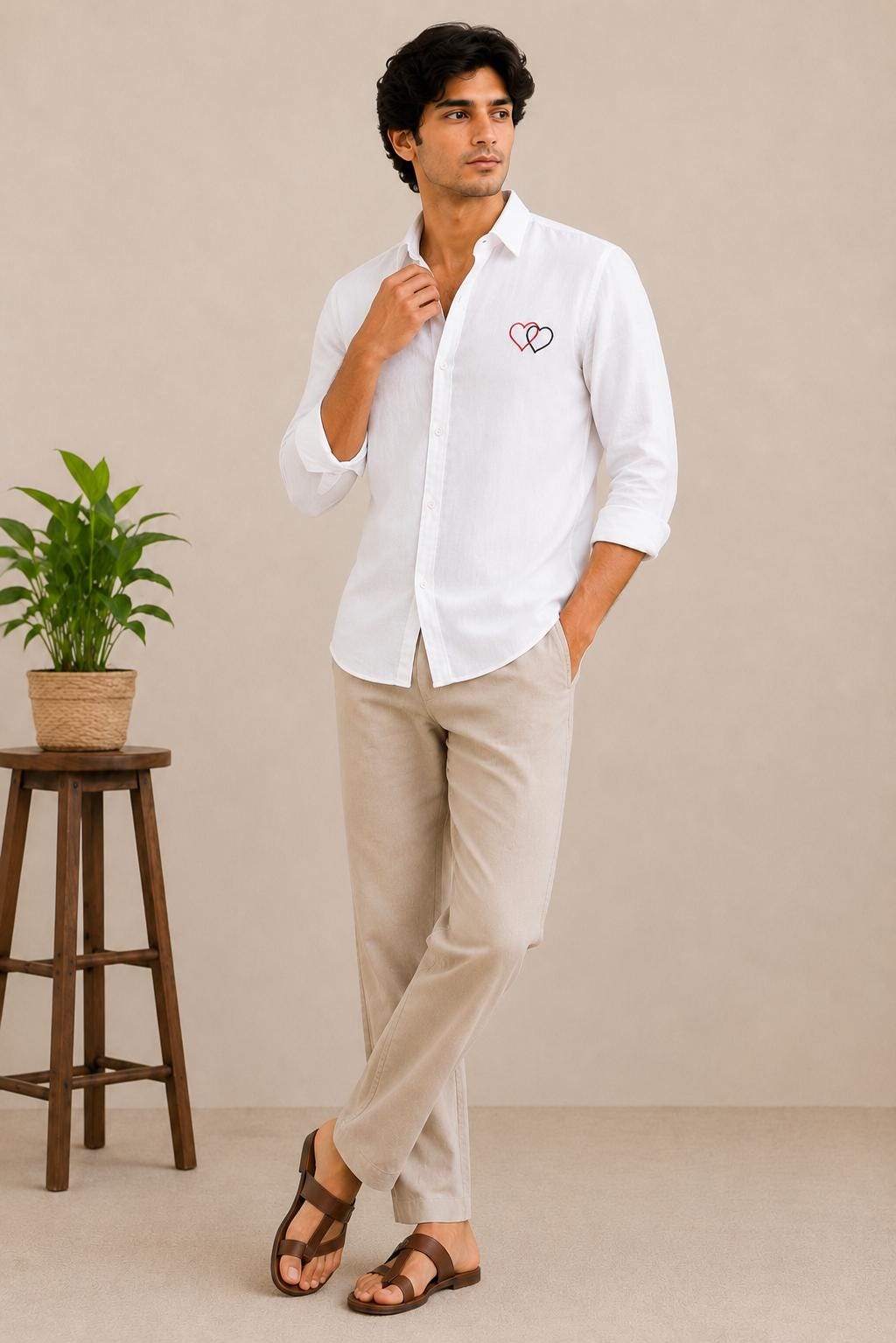 Men's White Embroidered Shirt, Minimal Heart Linen Button Up