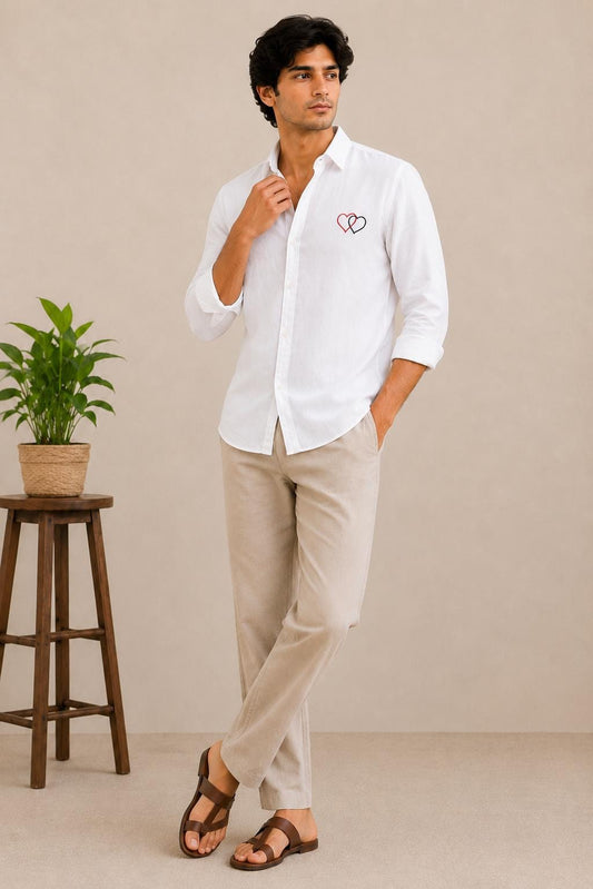 Men's White Embroidered Shirt, Minimal Heart Linen Button Up