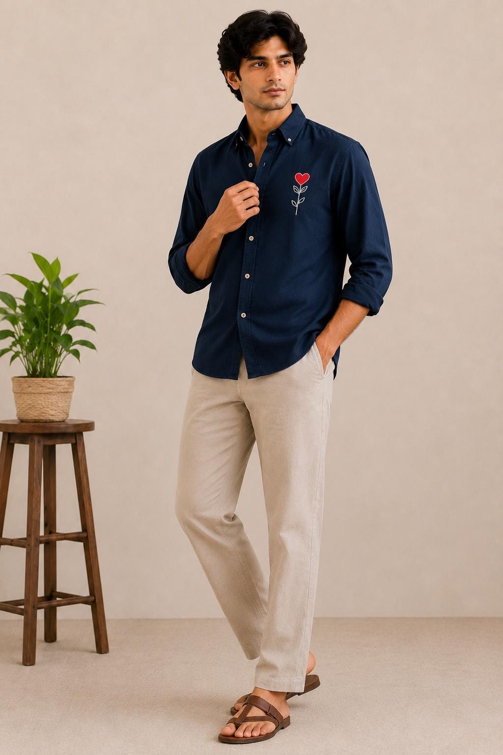 Men's Embroidered Shirt, Navy Blue Cotton Button Down, Heart Flower Long Sleeve