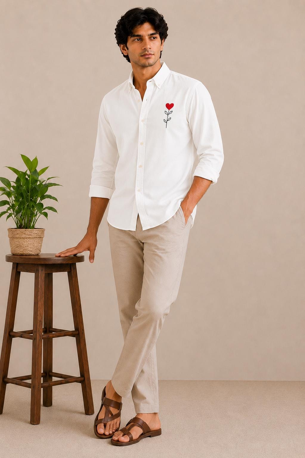 Men's Embroidered Shirt, Navy Blue Cotton Button Down, Heart Flower Long Sleeve