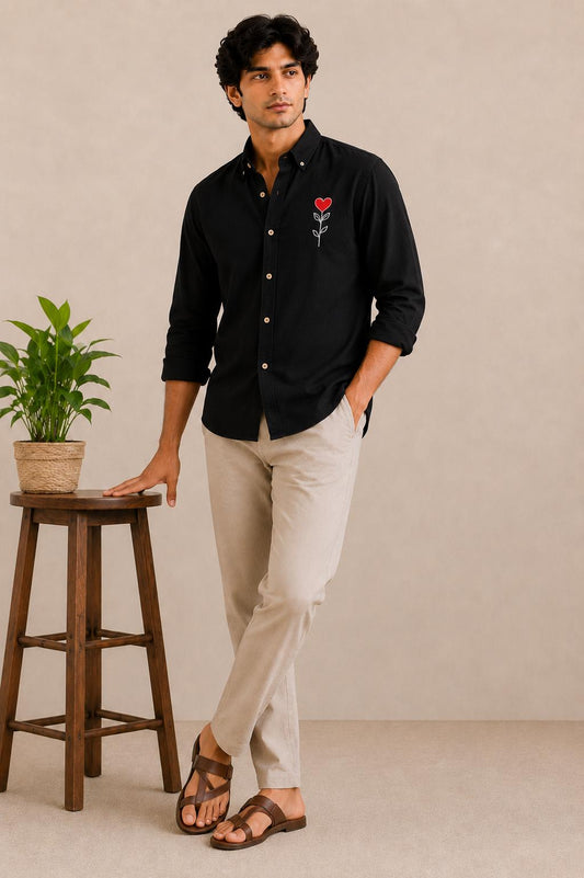 Men's Embroidered Shirt, Navy Blue Cotton Button Down, Heart Flower Long Sleeve