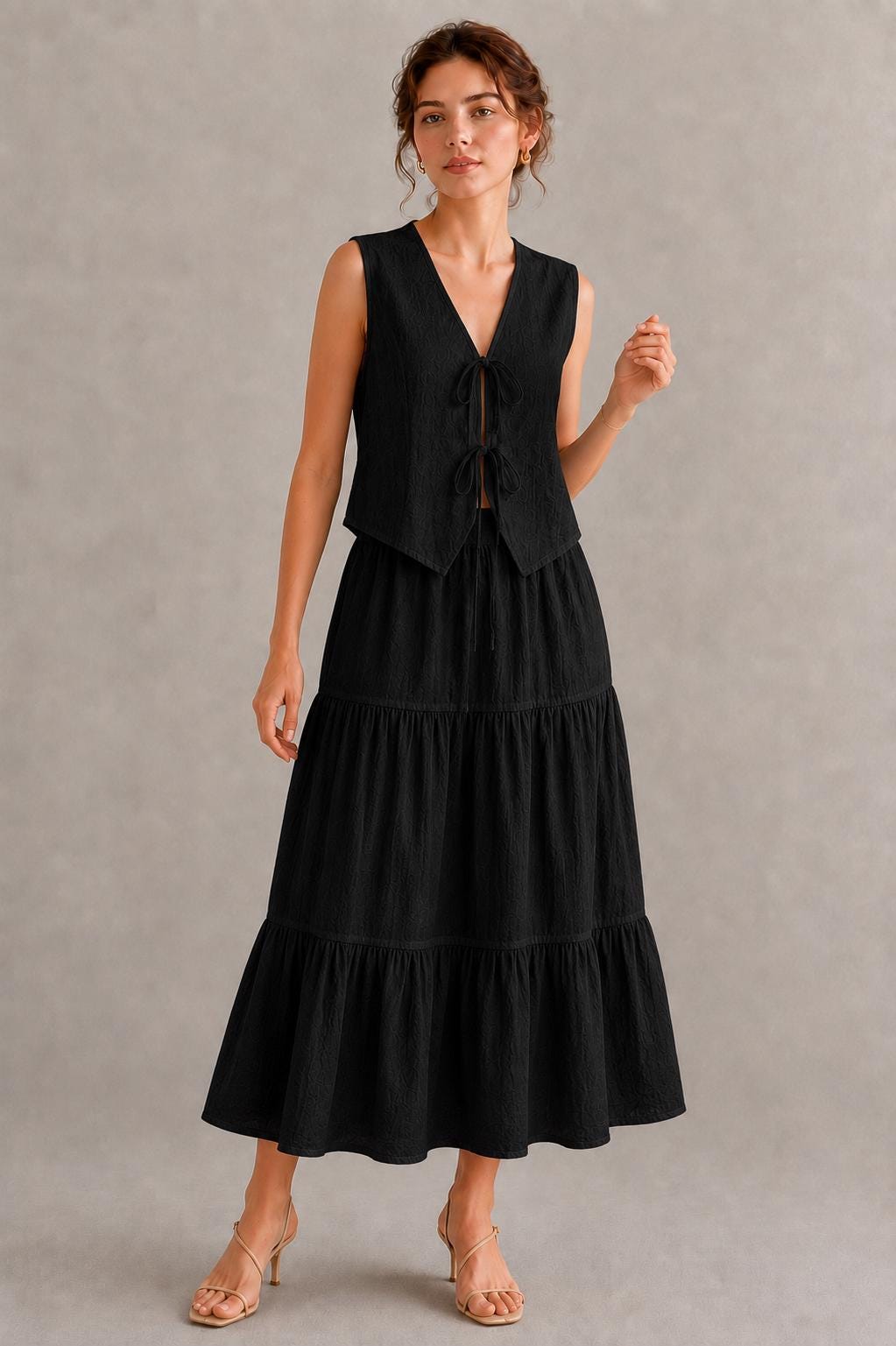 Women's Maxi Skirt Set, Tie Front Sleeveless Vest, Boho Summer Two Piece Outfit