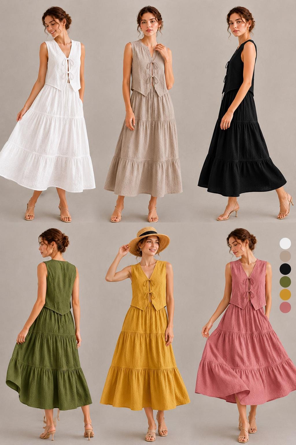 Women's Maxi Skirt Set, Tie Front Sleeveless Vest, Boho Summer Two Piece Outfit