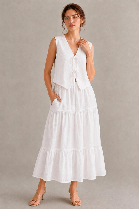 Women's Maxi Skirt Set, Tie Front Sleeveless Vest, Boho Summer Two Piece Outfit