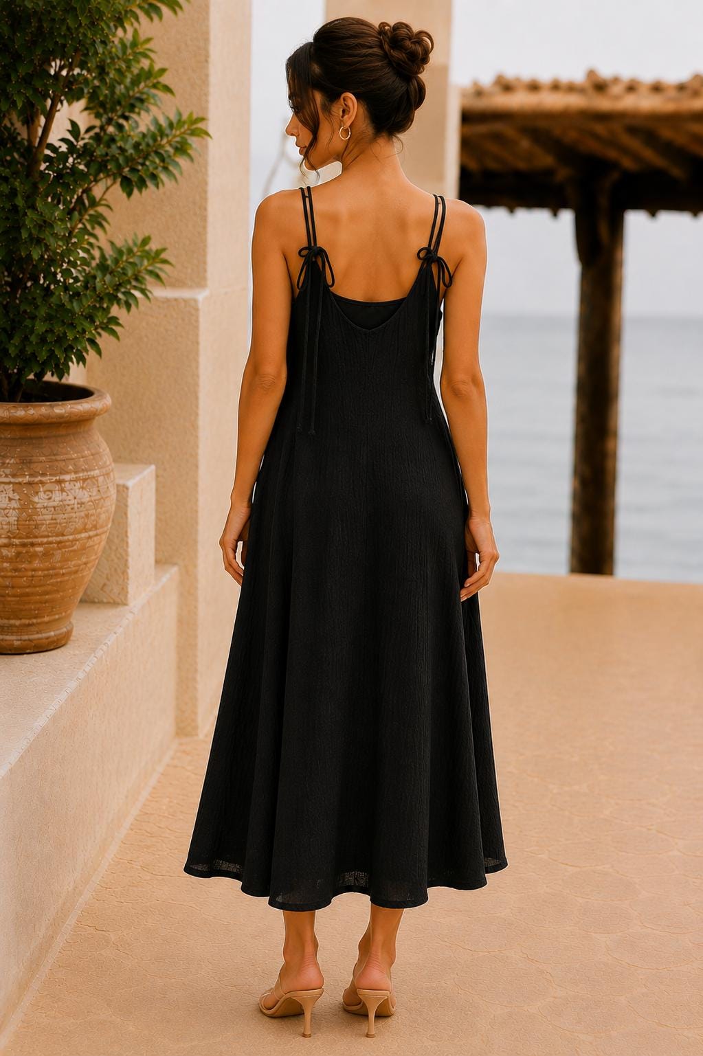 Textured Maxi Dress, Adjustable Tie Strap A-Line Sundress with Pockets, Women's Summer Dress