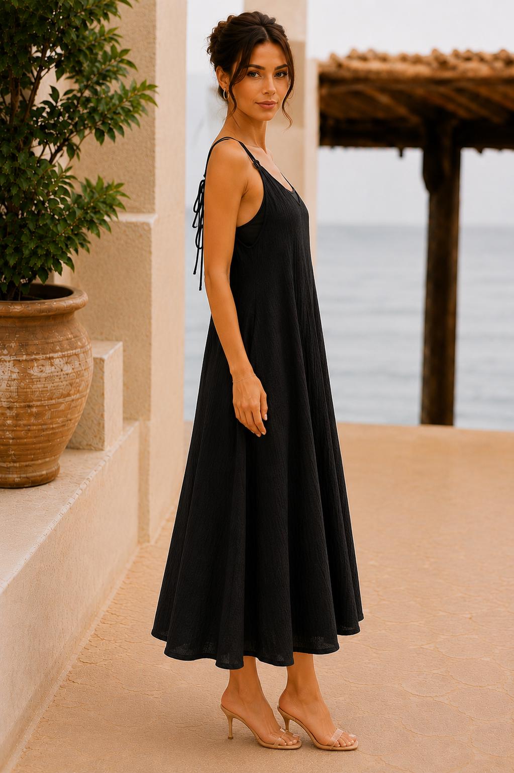 Textured Maxi Dress, Adjustable Tie Strap A-Line Sundress with Pockets, Women's Summer Dress