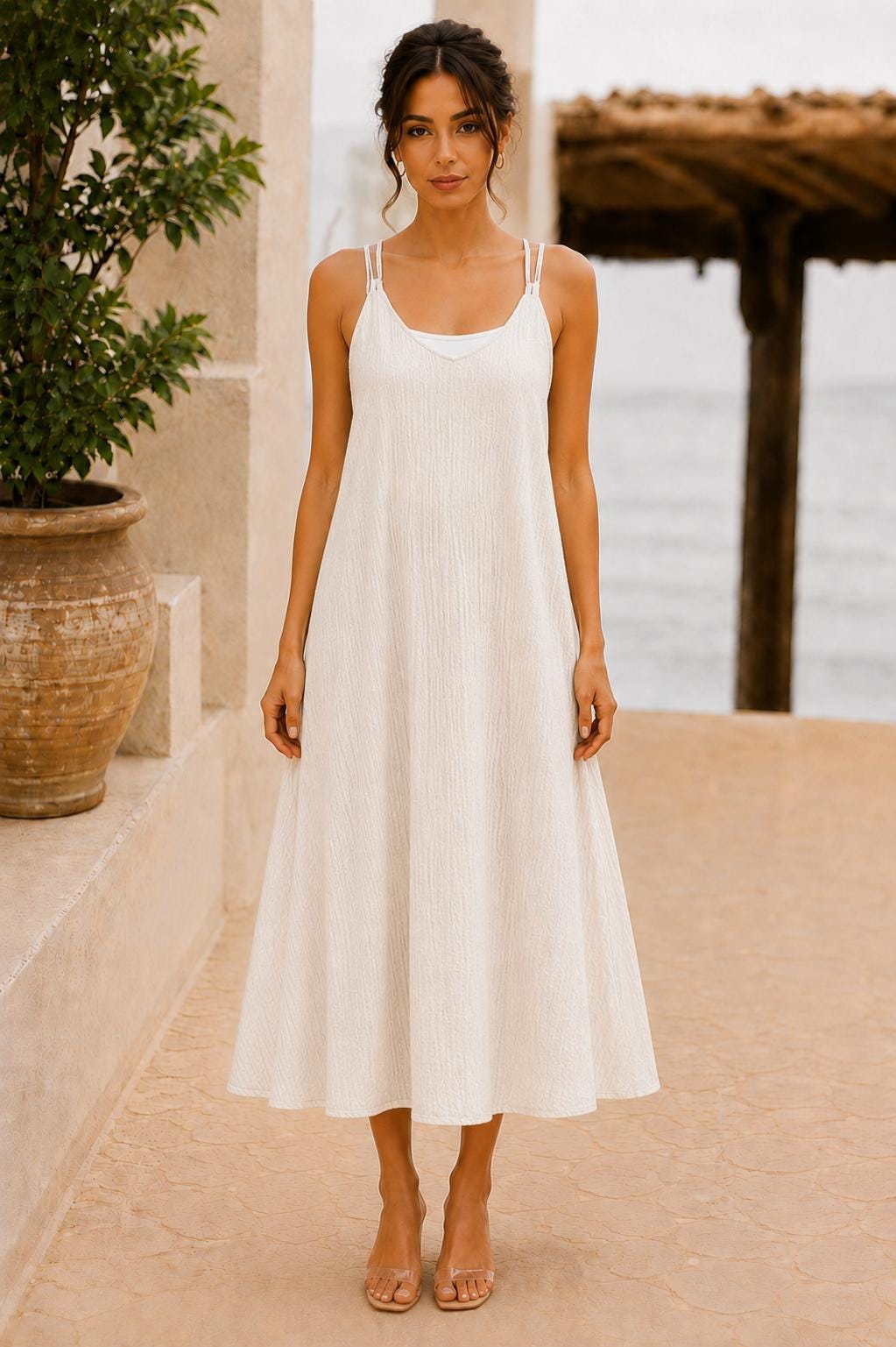 Textured Maxi Dress, Adjustable Tie Strap A-Line Sundress with Pockets, Women's Summer Dress