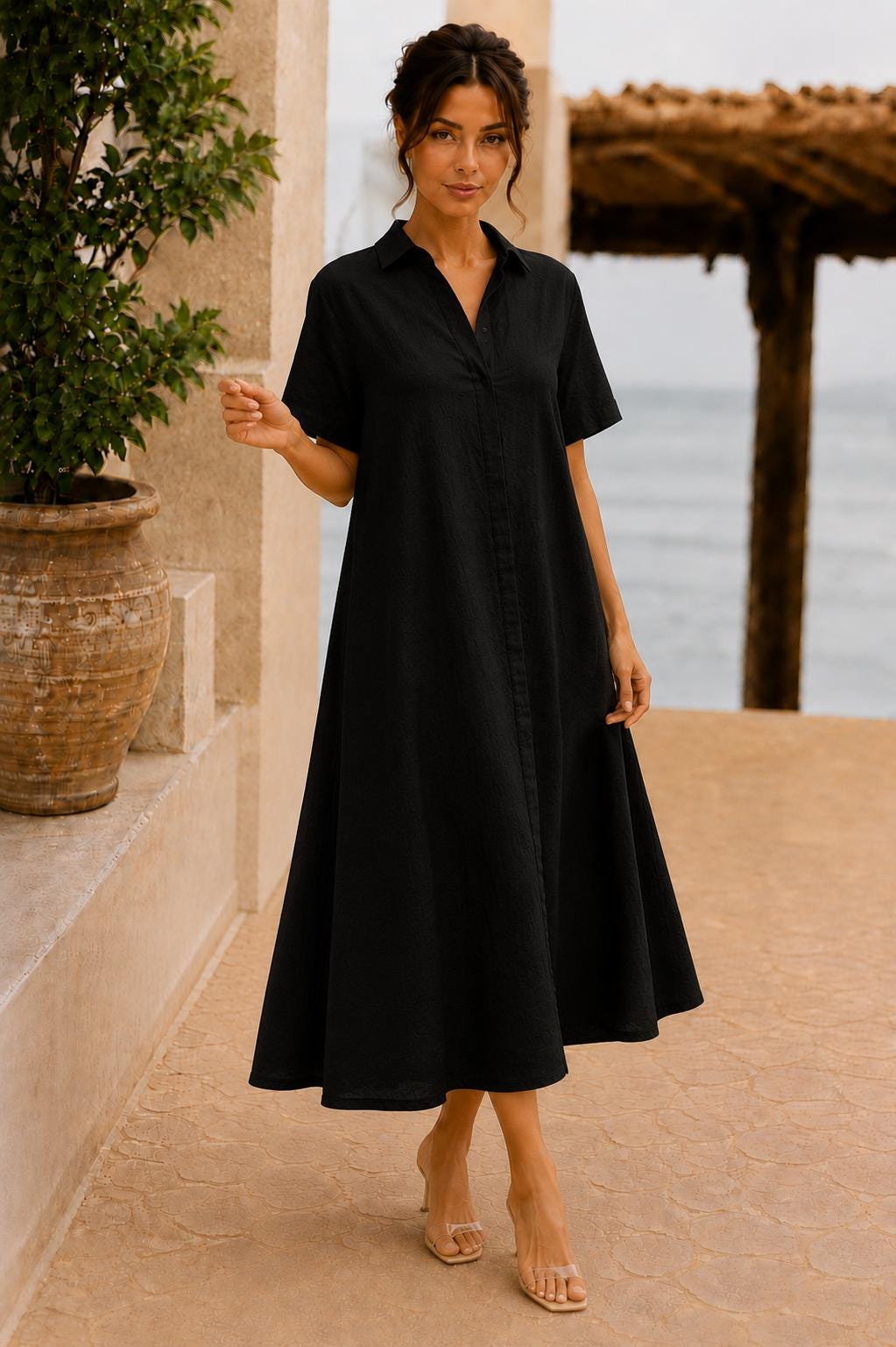 Women's Cotton Linen Midi Shirt Dress, Textured A-Line Dress with Pockets