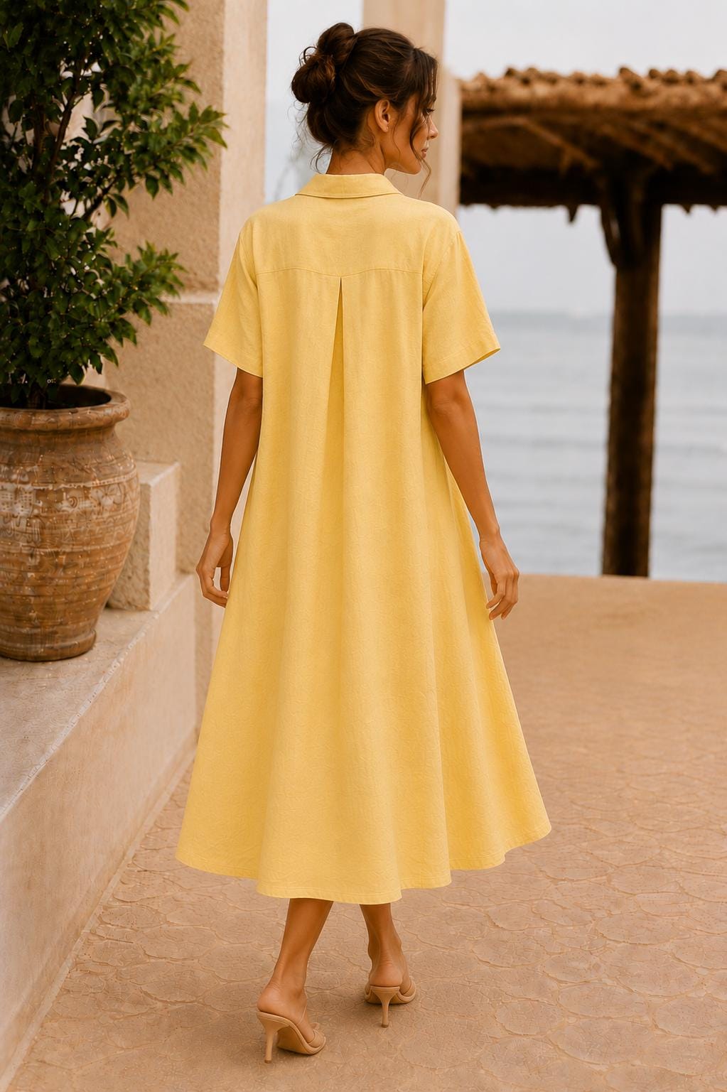 Women's Cotton Linen Midi Shirt Dress, Textured A-Line Dress with Pockets