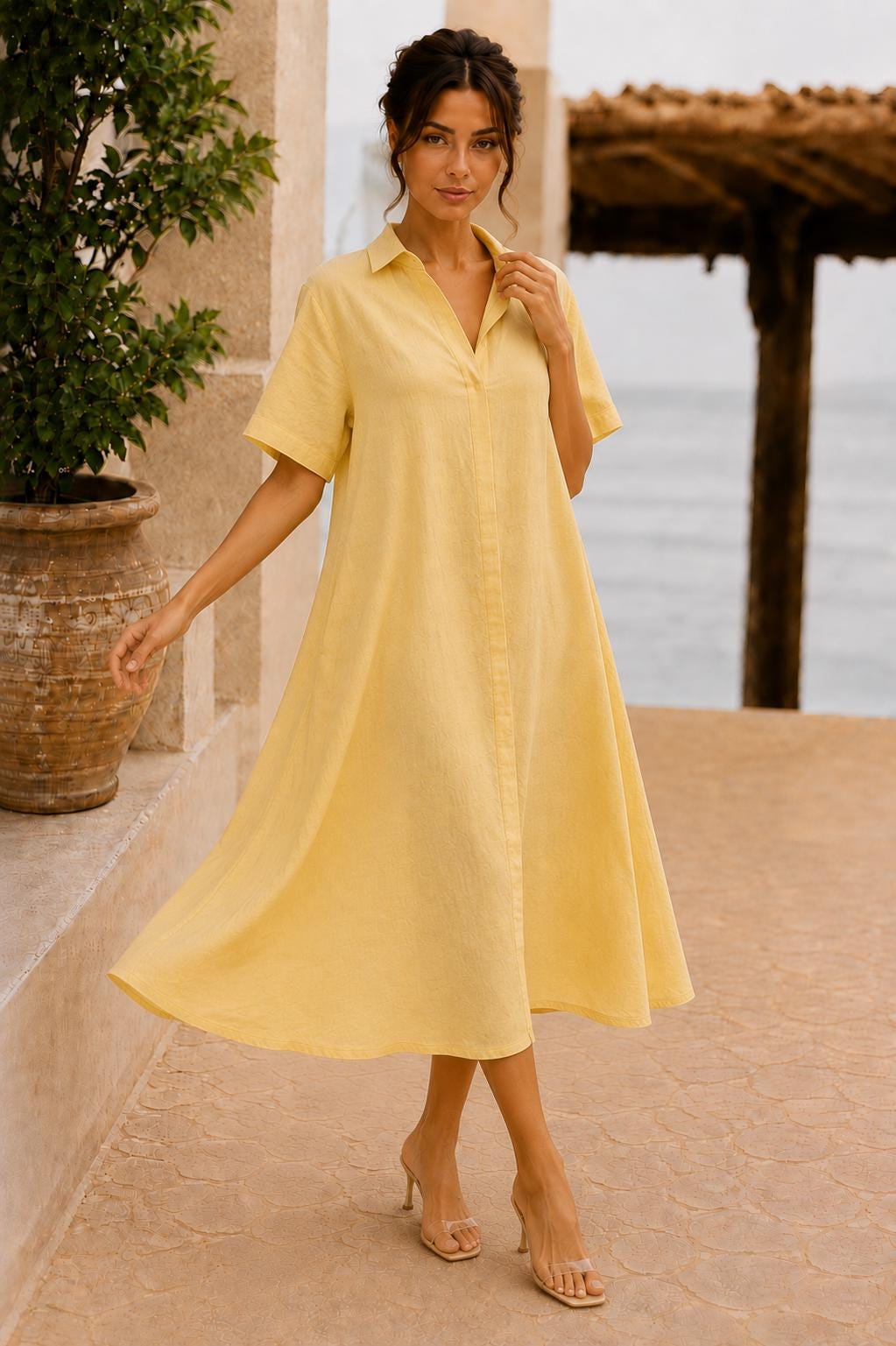 Women's Cotton Linen Midi Shirt Dress, Textured A-Line Dress with Pockets