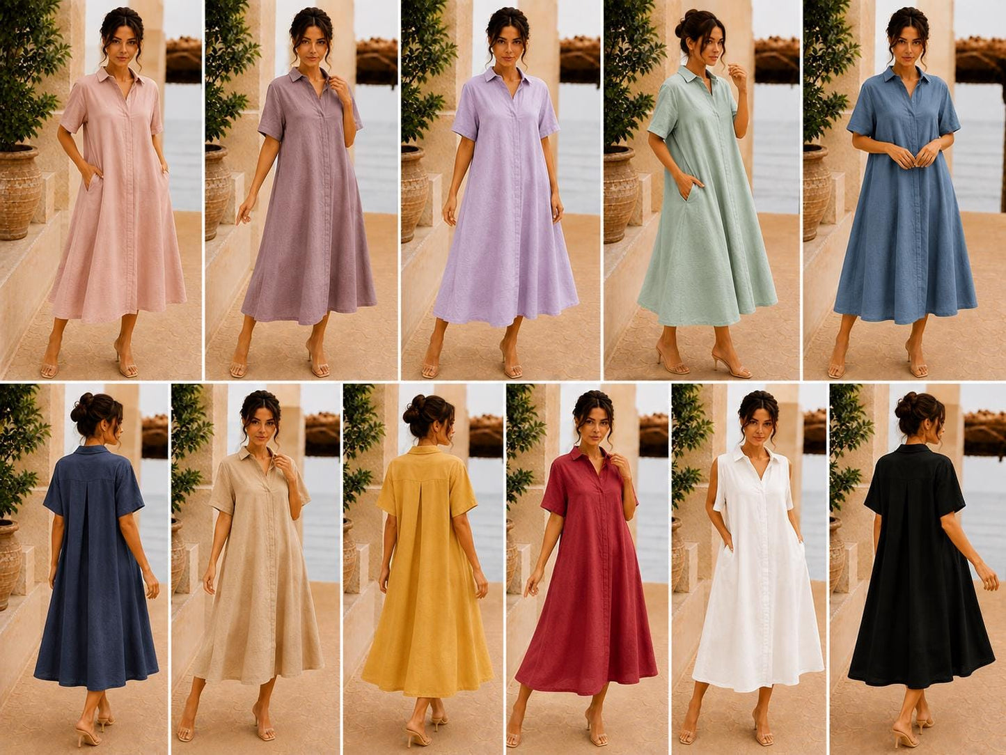 Women's Cotton Linen Midi Shirt Dress, Textured A-Line Dress with Pockets