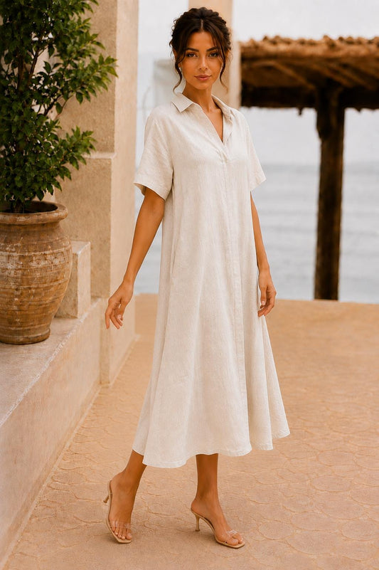 Women's Cotton Linen Midi Shirt Dress, Textured A-Line Dress with Pockets