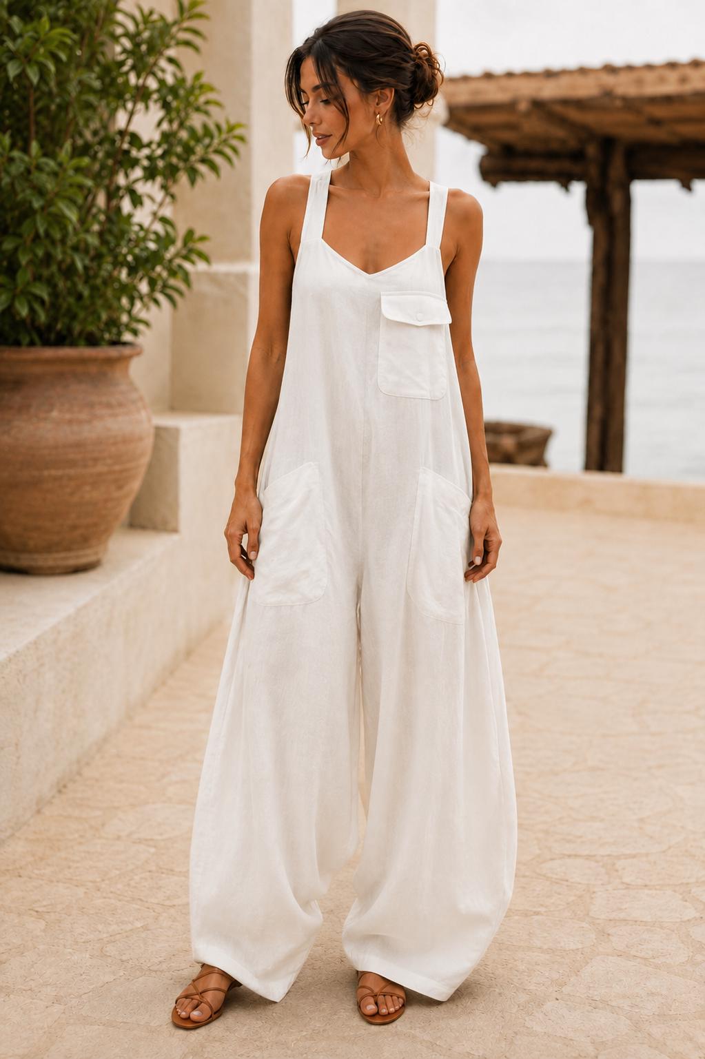 Women's Square Neck Backless Wide-Leg Jumpsuit  Sleeveless Summer Outfit