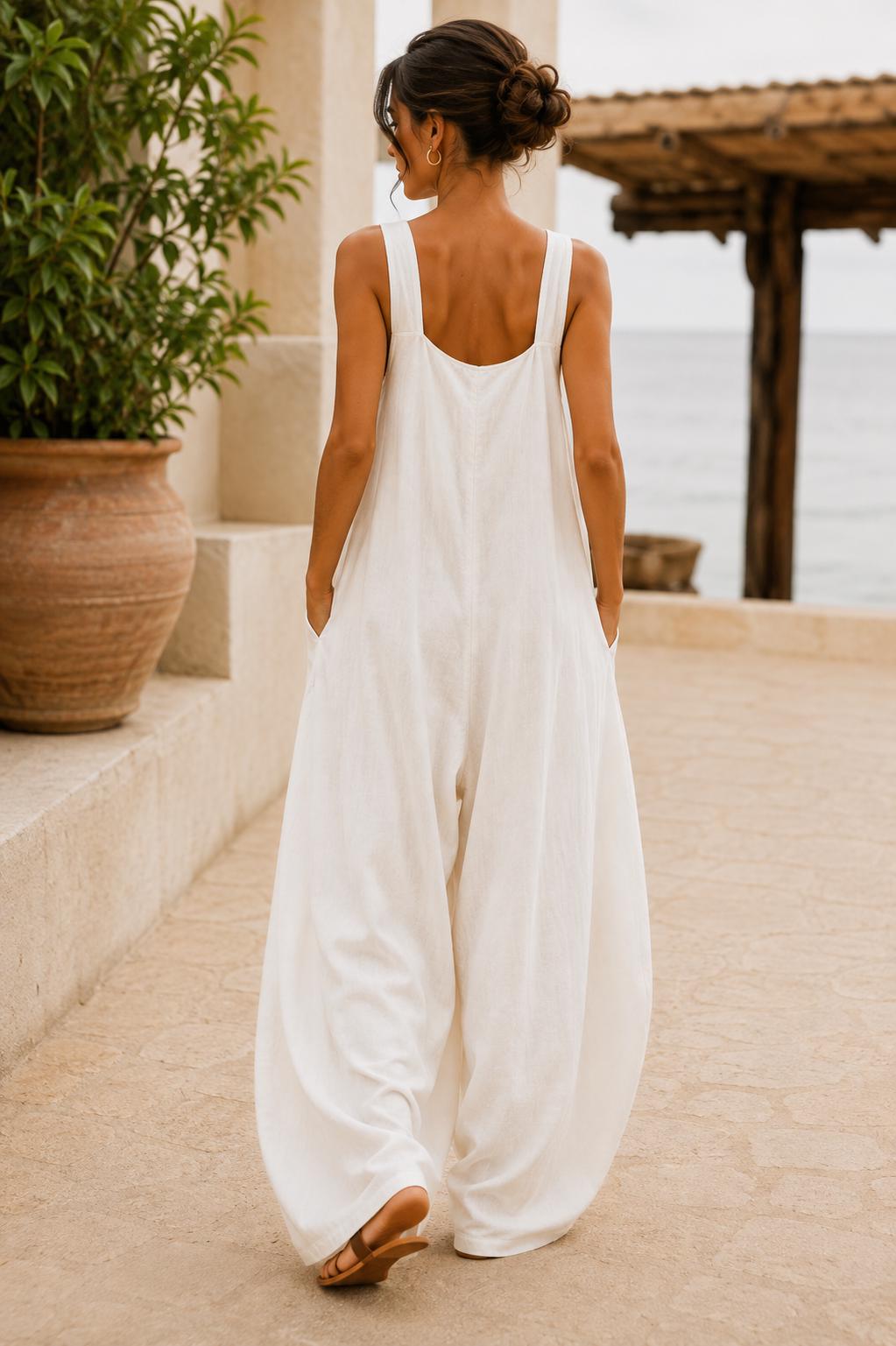 Women's Square Neck Backless Wide-Leg Jumpsuit  Sleeveless Summer Outfit