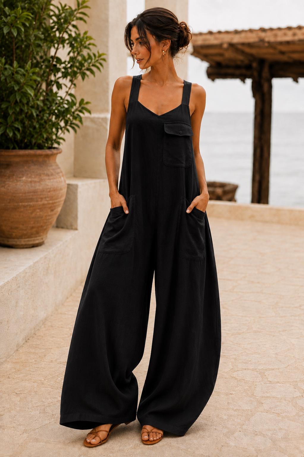 Women's Square Neck Backless Wide-Leg Jumpsuit  Sleeveless Summer Outfit