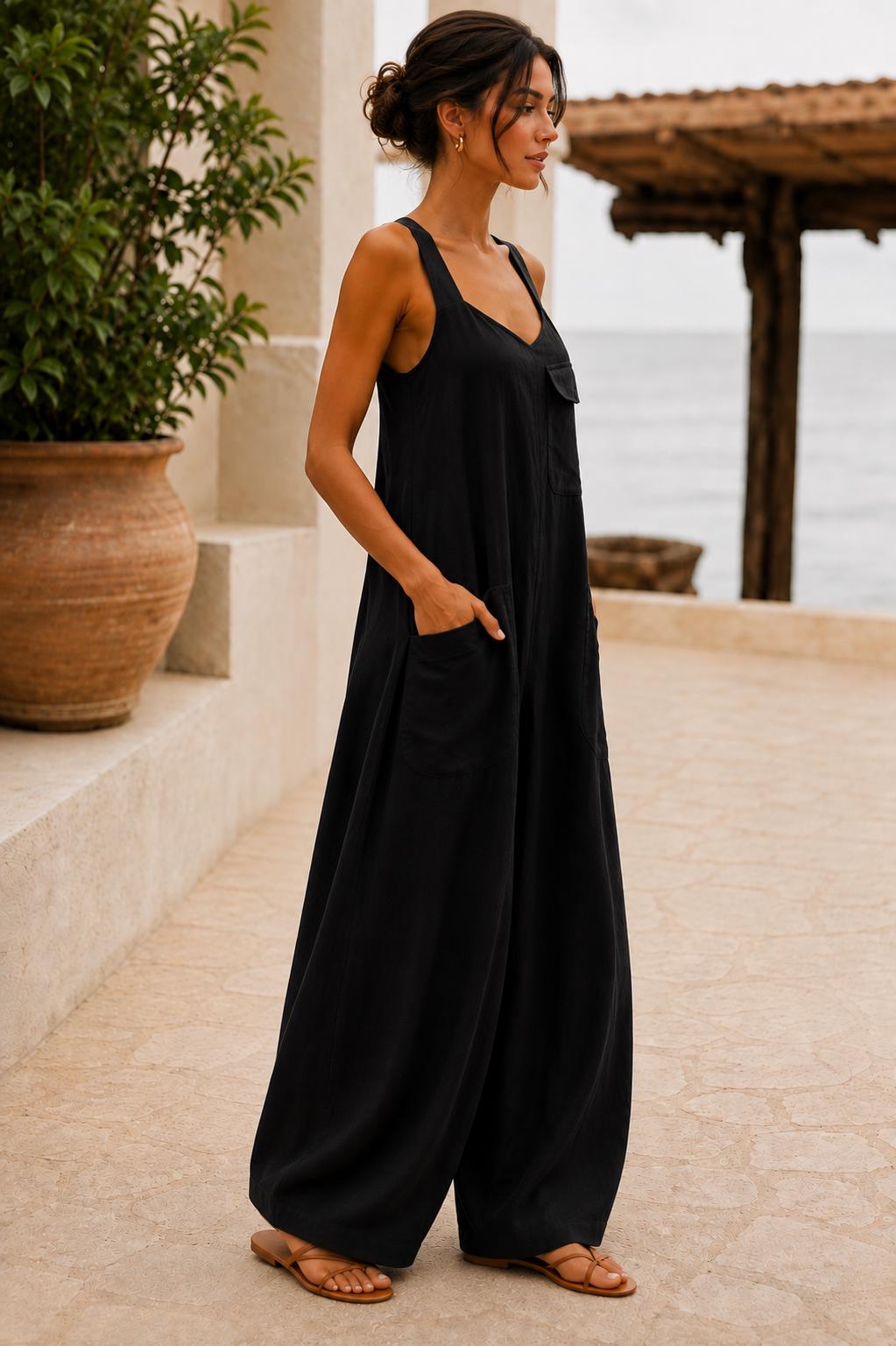 Women's Square Neck Backless Wide-Leg Jumpsuit  Sleeveless Summer Outfit